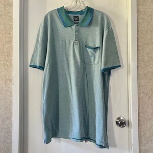 Volcom Men's Heathered Teal with Green and Blue Stripped Detail Polo Shirt